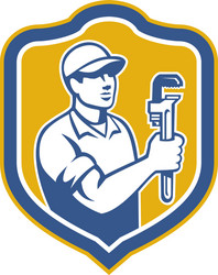 plumber holding wrench side shield retro Vector Image