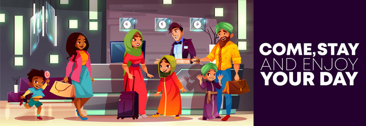 Cartoon hotel reception with arab family vector