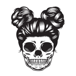 Skull Head with Hair Bun - Bohemian Style Vector Image
