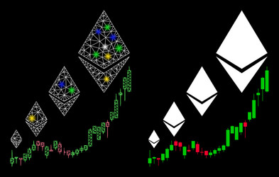 glowing mesh wire frame ethereum growth chart icon vector image