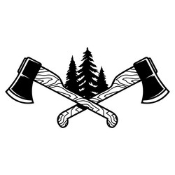 Crossed lumberjack axes with trees design element vector