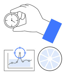 hand holding clock with analytics graph and target vector image