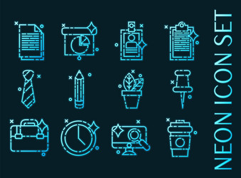 office set icons blue glowing neon style vector