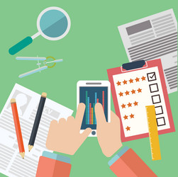 hands holding mobile with analytic and data vector image