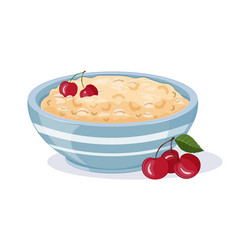 oatmeal in blue bowl with cherries milk cereal vector