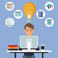 Color background man in desk with tech computer vector