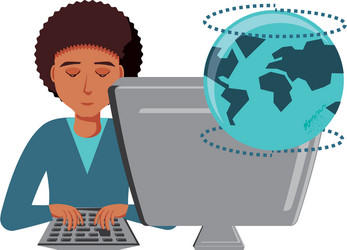 Man black with desktop computer and planet earth vector