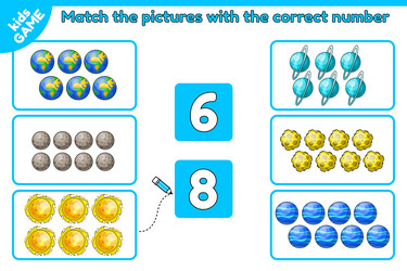 math game match space objects with correct number vector image