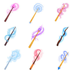 flat set of various magic wands with bright vector