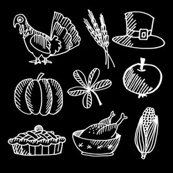 set of thanksgiving chalk sketches on blackboard vector