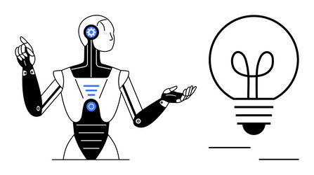 robot pointing at a light bulb symbolizing vector image