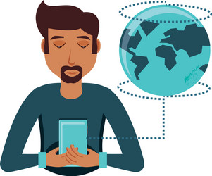 Man with smartphone device and planet earth vector