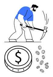 worker mining cryptocurrency with pickaxe next vector image