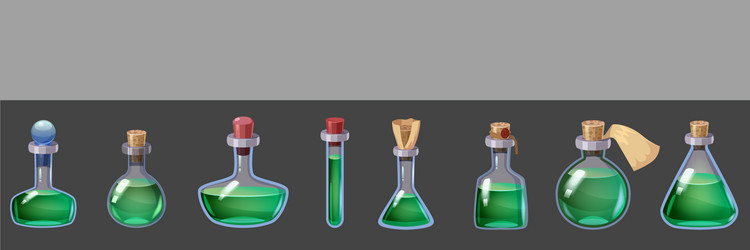set bottles magic liquid potion fantasy elixir vector image