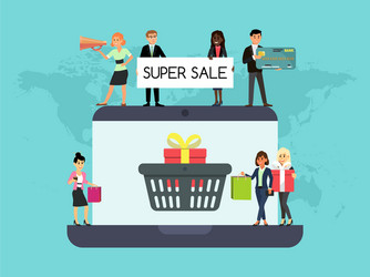 Shopping people on laptop online website vector