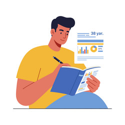 man analyzing data charts and writing notes vector image