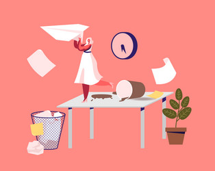 Tiny businesswoman character on messy workplace vector