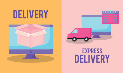 Delivery service with monitor computer and set vector