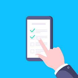 Hand points to smartphone with complete checklist vector