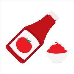 Ketchup bottle and tomato in a bowl vector