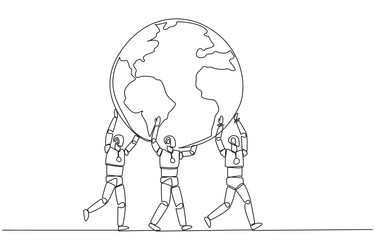 single continuous line drawing group of robots vector image