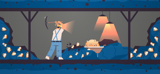 man miner digging and extracting bitcoins in mine vector image