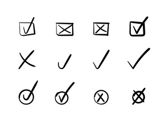 Set of check and crosses black ink vector