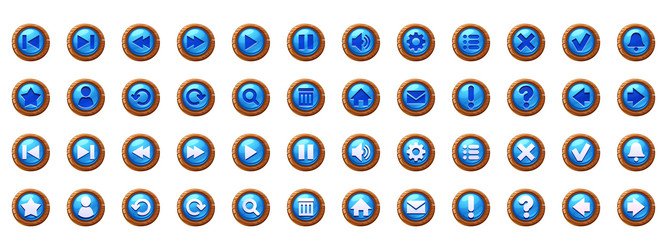 circle blue buttons with wooden frame and icons vector