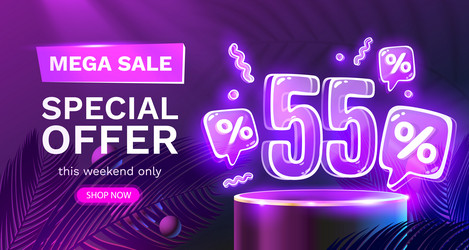 mega sale special offer neon 55 off banner vector