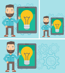 man pointing at big tablet computer vector image