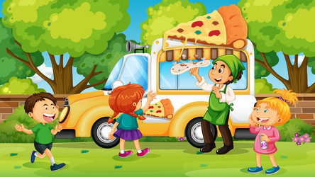 Kids buying pizza from truck vector