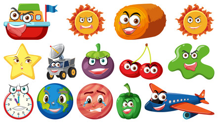 Set of different toy objects with smiley faces vector