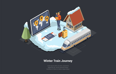 family winter holidays and train journey vector