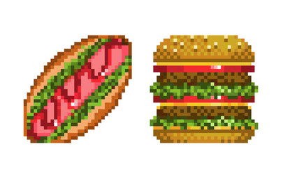 Pixel art burger and hot dog icons vector