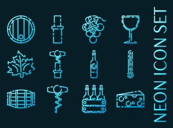 Wine set icons blue glowing neon style vector