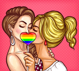 Pop art lesbian couple kissing and covering Vector Image Pop art lesbian couple kissing and covering Vector Image