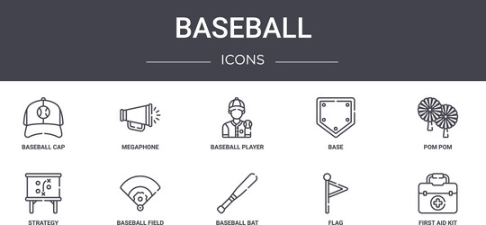 Baseball concept line icons set contains vector