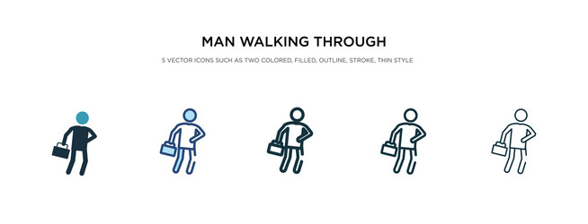 Man walking through wind icon in different vector