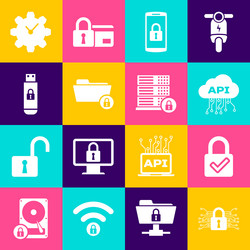 Set cyber security lock and check mark cloud api vector