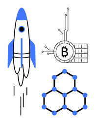 rocket launch with blockchain and bitcoin symbols vector image
