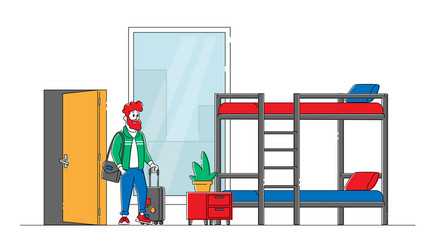 young male character with luggage enter hostel vector