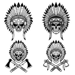 Native American Skull with Headdress & Tomahawks Vector Image