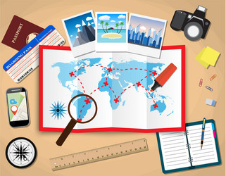 Planning trip concept at table with paper map vector