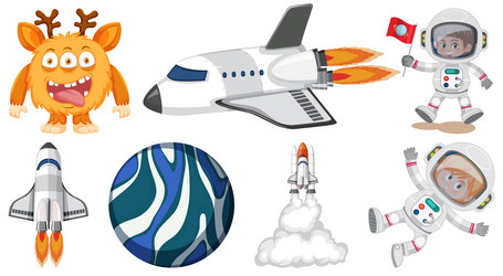 Set of space cartoon characters and objects vector