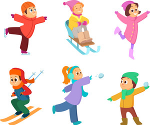 happy children playing in winter games cartoon vector