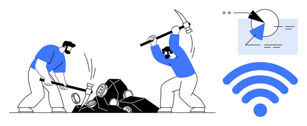 workers mining digital data with tools charts vector image