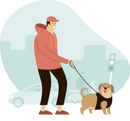 young man walking with a dog in the busy city vector