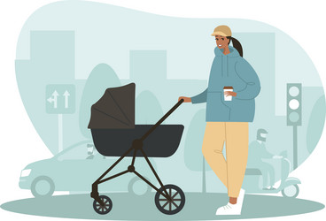 Young mother with a baby stroller walking vector