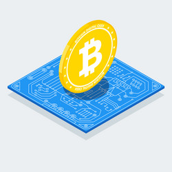 Isometric bitcoin sign with computer chip color vector