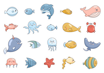 Cartoon aquatic animals fish underwater world vector